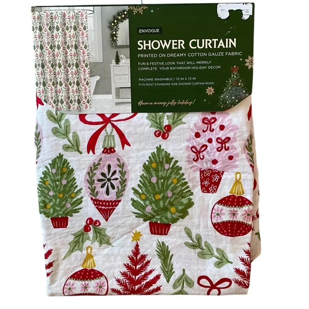 Envogue Christmas Shower Curtain 72x72 Holiday Holly Berry Bow Ornament NEW